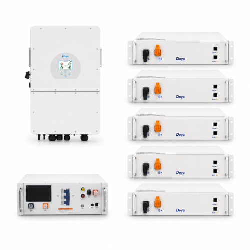 Zestaw hybrydowy – falownik DEYE SG01HP3 15 kW 3-fazowy HV on/off-grid + magazyn energii 5 × DEYE BOS-G PRO 5,12 kWh LiFePO4 + PDU2 (25,60 kWh)