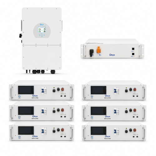 Zestaw hybrydowy – falownik DEYE SG01HP3 25 kW 3-fazowy HV on/off-grid + magazyn energii 6 × DEYE BOS-G PRO 5,12 kWh LiFePO4 + PDU2 (30,72 kWh)