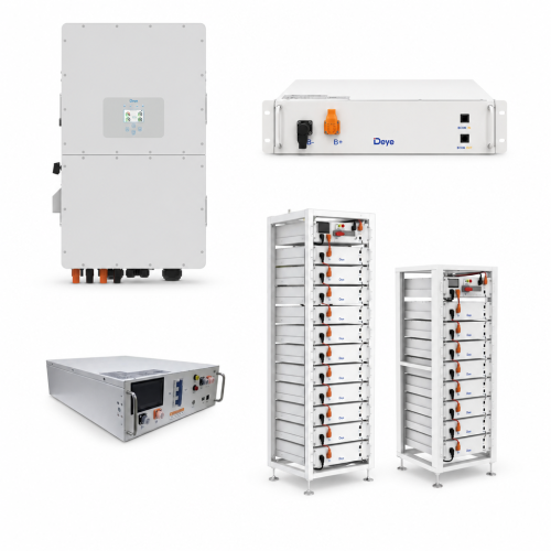 Zestaw hybrydowy – falownik DEYE SG01HP3 50 kW 3-fazowy HV on/off-grid + magazyn energii 12 × DEYE BOS-G PRO 5,12 kWh LiFePO4 + PDU2 (61,44 kWh)