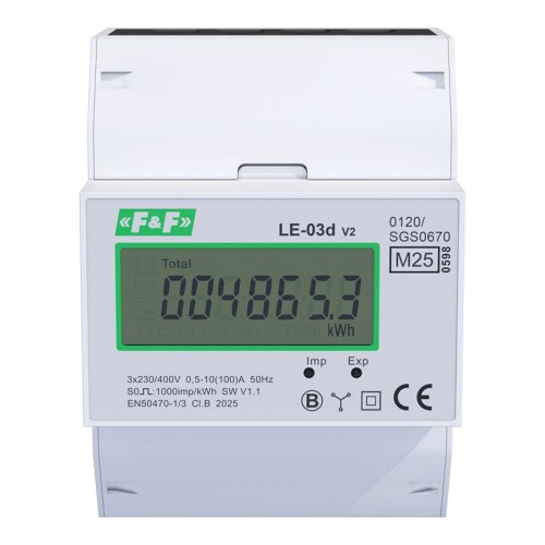 Licznik energii 3-fazowy F&amp;F LE-03D, 100 A, 230/400 V, LCD, MID - ME7417