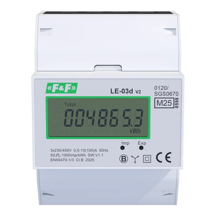 Licznik energii 3-fazowy F&amp;F LE-03D, 100 A, 230/400 V, LCD, MID - ME7417